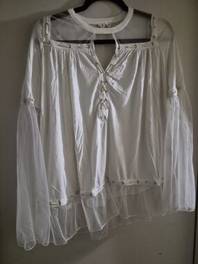 POL White Sheer Sleeve Lace-Up Boho Blouse